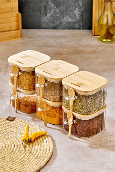 Cooker 6'Lı 450 ML Bambu Kapaklı Borosilikat Cam Kaşıklı Saklama Kabı Baharat...