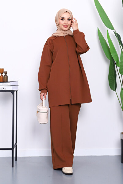 İmajButik Καφέ κοστούμι κατάδυσης με φερμουάρ και παντελόνι τουνίκ