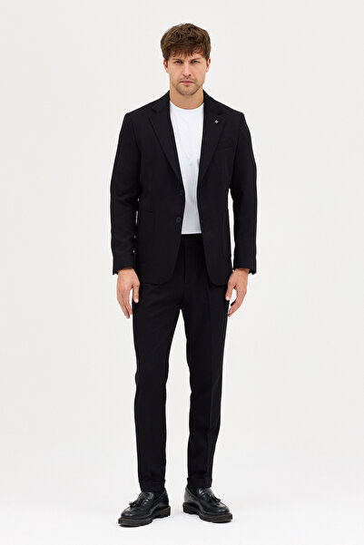 Frappoli Lerma Men's Black Bag Pocket Half-Lined Jacket+Pleated Trousers 2-Piece Slim Fit Suit