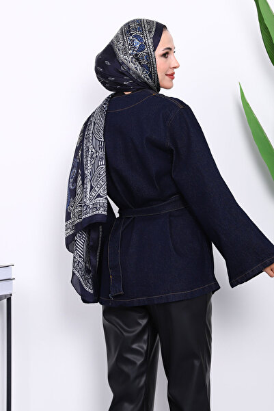 İmajButik Lacivert Geniş Kol Kemerli Kot Ceket