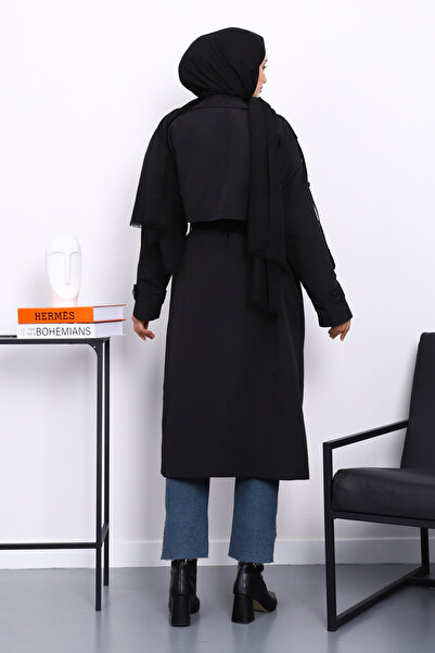 İmajButik Μαύρη καμπαρντίνα με διπλό γιακά με επένδυση