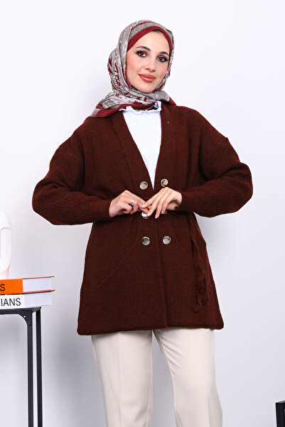 İmajButik Burgundy Pocket Detailed Soft Knit Cardigan