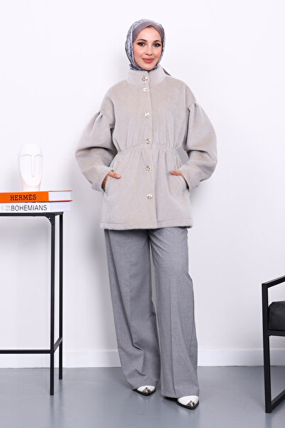 İmajButik Γκρι παλτό με ελαστική μέση και κουμπιά