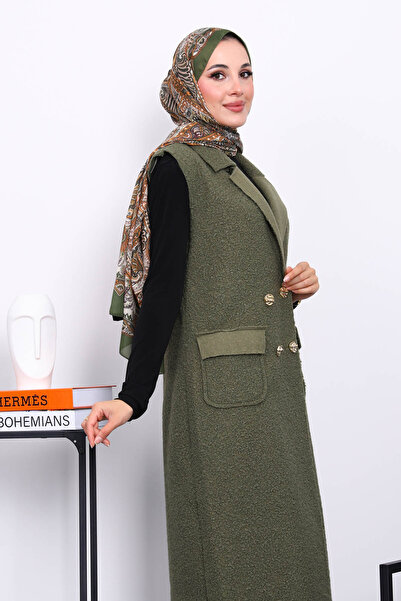 İmajButik Khaki Buttoned Long Boucle Vest