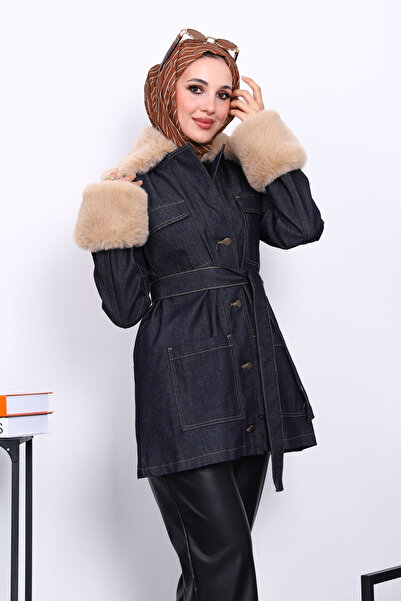 İmajButik Μπουφάν τζιν με βελούδινο μανίκι με γιακά σε μπλε ναυτικό χρώμα