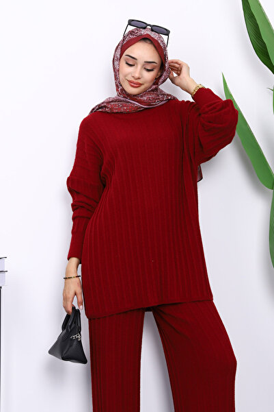 İmajButik Σετ πλεκτό μπορντό κοτλέ Yumoş με παντελόνι τουνίκ