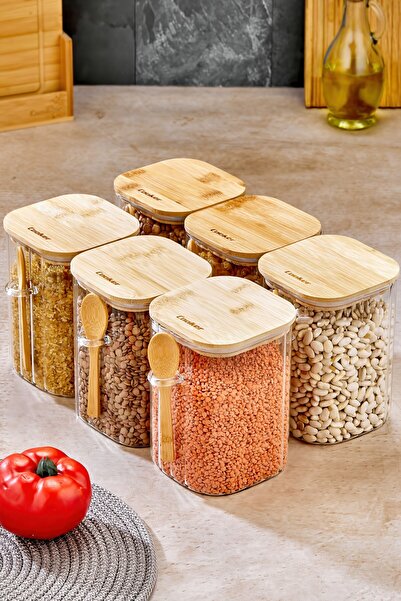 Cooker 6'Lı 1 Litre Bambu Kapaklı Borosilikat Cam Kaşıklı Saklama Kabı Baharat Kavanozu (12x10,2x14,5 Cm)