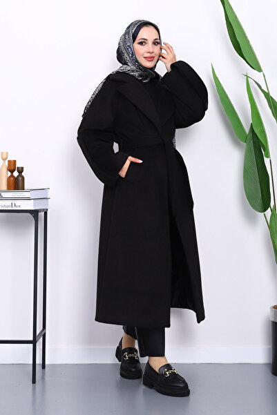 İmajButik Black Lined Cashmere Coat with Epaulettes on the Sleeves
