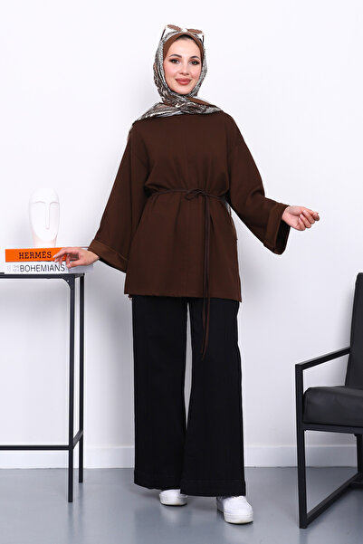 İmajButik Kahverengi Yanları Yırtmaçlı Bel İpli Tunik