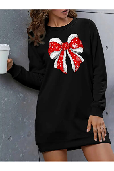 Pink Sky Kırmızı Kurdele Baskılı Siyah Polar Sweatshirt Elbise