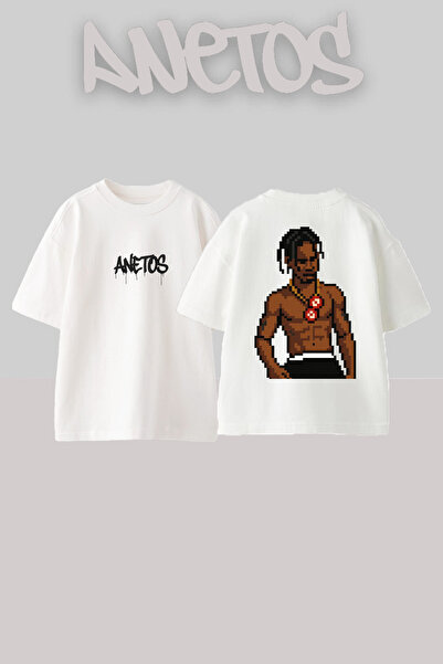 Anetos Travis Scott Pixel Design Back cu imprimeu Bumbac Alb supradimensionat...