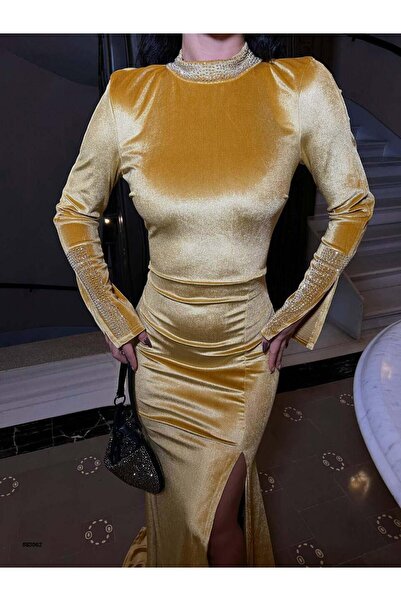 Modafeminen Uzun kollu, balık kesim ve derin yırtmaç detaylı elbise 583062 SARI