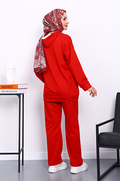 İmajButik Red Two-Thread Hijab Set with Label on the Front