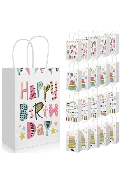 Generic Tazweeq Birthday Gift Bags with Handles, 20pcs Happy Birthday Paper Favor Bags, 8.2" x 5.8"x3.15" P