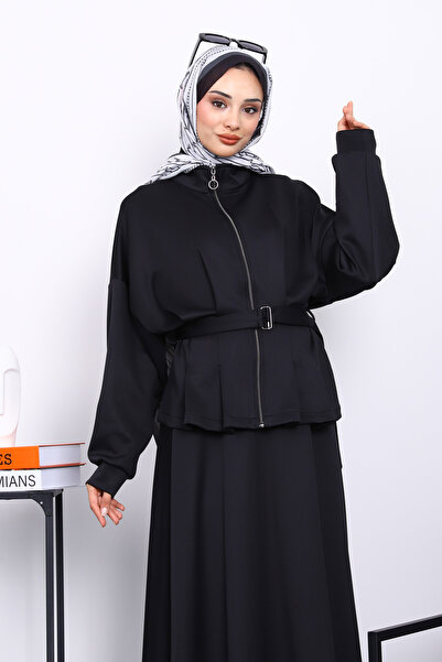 İmajButik Black Waist Detailed Jacket Skirted Scuba Suit