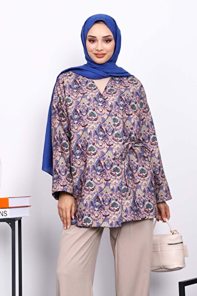 İmajButik İndigo Etnik Desenli Yan Bağlamalı Kimono Ceket