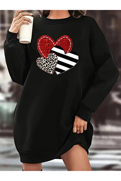 Pink Sky Women's Black Heart Leopard Patterned Fleece Sweatshirt Dress