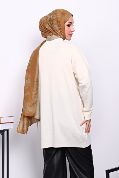 İmajButik Κρεμ ζακέτα από πλεκτό κρύο νήματα με πέτρες