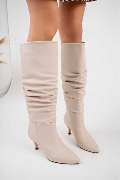 moun shoes Жіночі бежеві черевики на тонкому каблуці з блискавкою нижче коліна