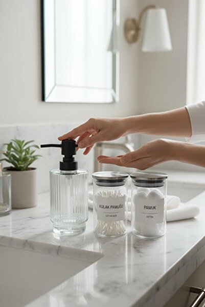ANJEAHOME Moyale 3-Piece Glass Bathroom Set | 500 ml Soap Dispenser, 300 ml Cotton & Cotton Swab Jar | Organizer Set
