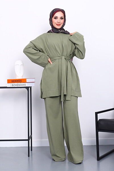 İmajButik Khaki Crew Neck Side Slit Set