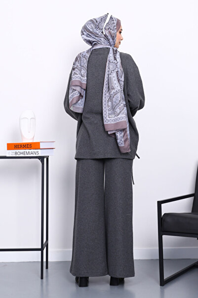 İmajButik Füme Ruched Detail Corded Fabric Tunic Trouser Suit