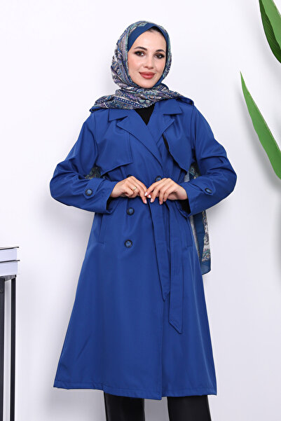 İmajButik μπλε κοβαλτίου Μπλε καμπαρντίνα με γιακά και ζώνη με κουμπιά