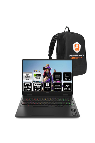 HP Omen Slim 16 Ultra 9 285H 64GB 4TB SSD RTX5060/8GB 16" FHD+ 165Hz W11H Gaming Laptop & Çanta