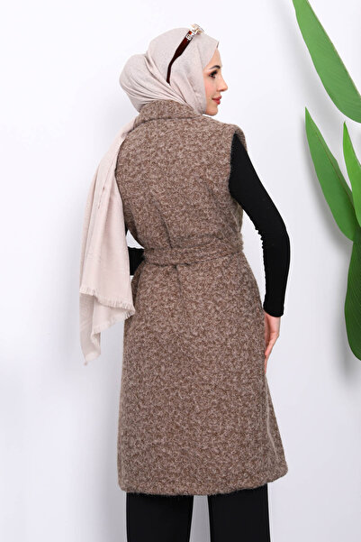 İmajButik Koyuv Mink Double-Breasted Collar Belted Felt Vest