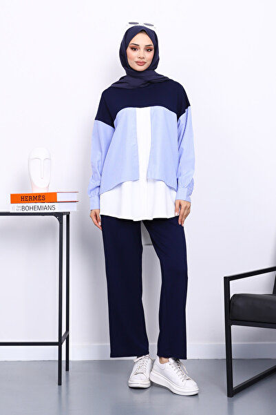 İmajButik Σετ Modal με παντελόνι Navy Blue συνδυασμός υφασμάτων Tunik