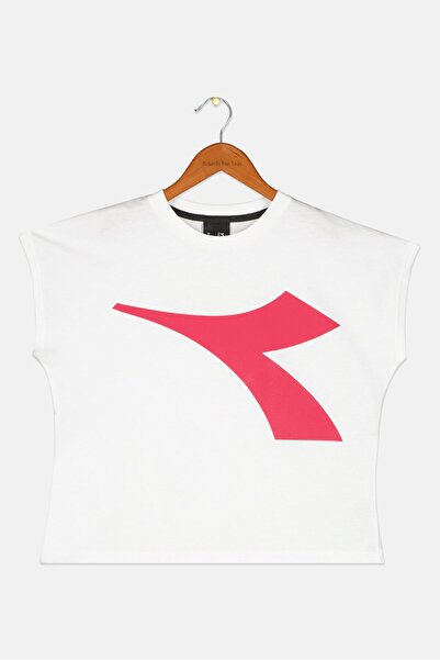 Diadora بلوزة بأكمام قصيرة وشعار العلامة التجارية للبنات الصغار، أبيض/وردي