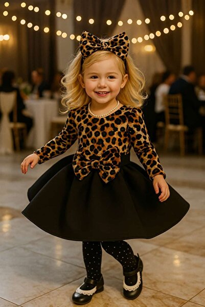 STELLA BUTİK Girl's Leopard Skirt, Blouse and Bandana Set