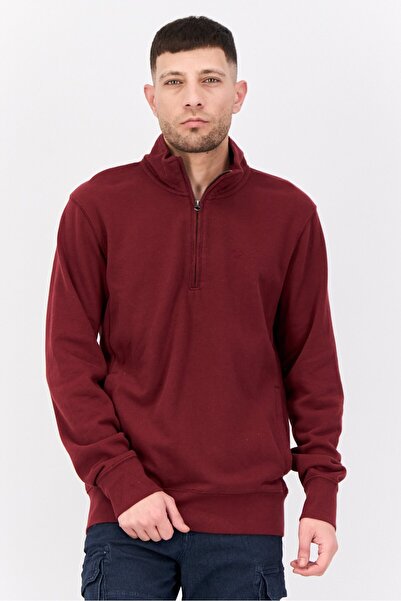 AMERICAN EAGLE سويت شيرت رجالي بأكمام طويلة وياقة واسعة مطرزة بشعار، لون عنابي