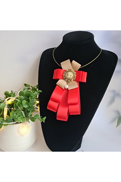 OEM Colier cu accesoriu textil rosu/bej