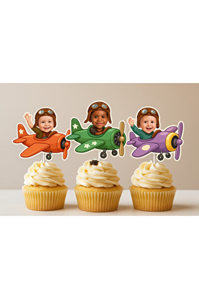 Dijital Nostal 6 Adet Uçak Pilot Temalı Kişiye Özel Cupcake Pasta Süsü I Doğu...