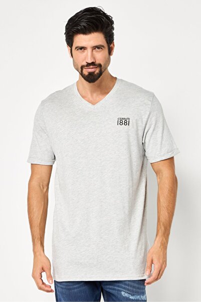 Cerruti 1881 Men V-Neck Short Sleeve Brand Logo T Shirt, Grey