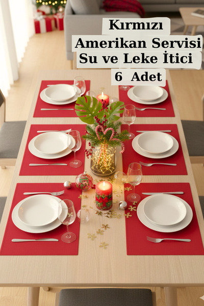 KAMİZ Red Water and Stain Repellent American Service Placemat Set 6 Pieces Dowry Set