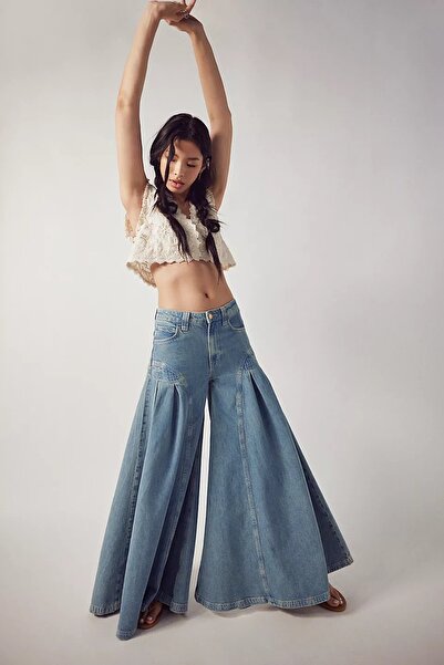 september island Classic Blue Color Exaggeration Spanish Wide Leg Denim Pants Skirt