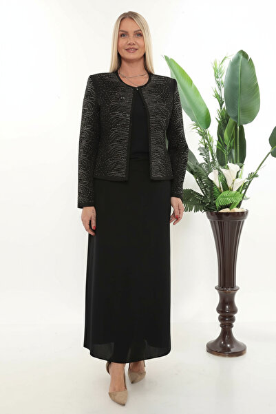 MİSS DİAMOND طقم ثلاثي مع معطف بأكمام طويلة وتنورة طويلة سوداء مطرزة بالحجر