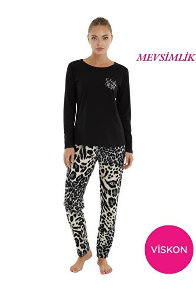 seamlife Kadın Siyah Leopar Desenli Bisiklet Yaka Düğmesiz Mevsimlik Likra Vi...
