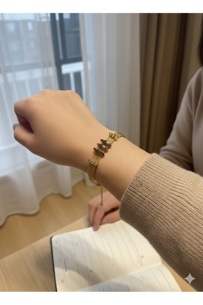 Jewerly سوار نسائي من الفولاذ مرصع بـ 3 أوراق و6 أحجار زركون