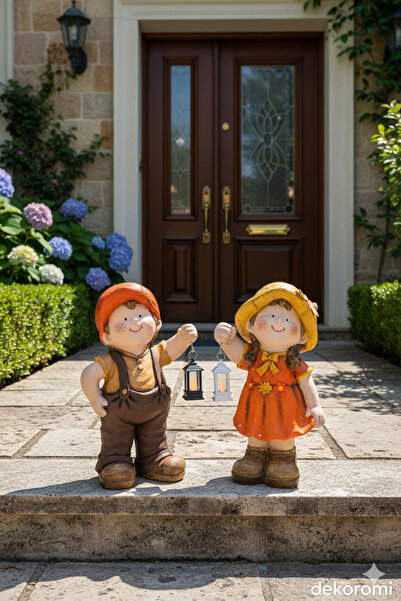 Dekoromi Dekoratif Fenerli Cüce Heykeli (44x27 cm) 2’li Set İç ve Dış Mekan D...