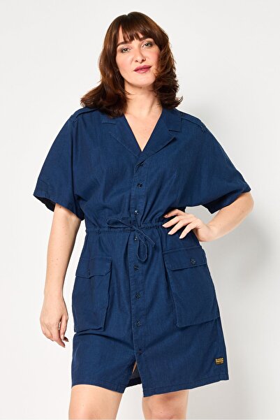 G-STAR RAW فستان نسائي قصير ناعم متعدد الاستخدامات بشعار مطرز، أزرق داكن