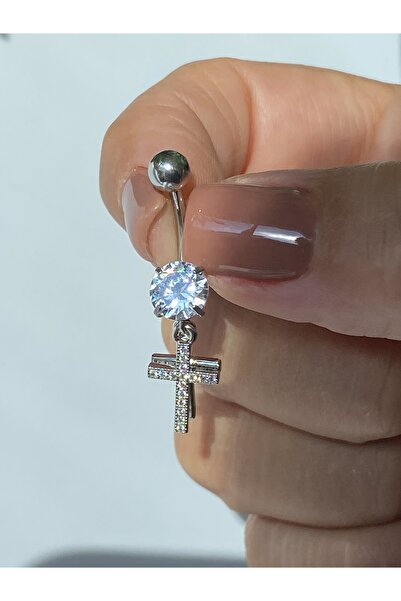 kurukafagift Çelik Göbek Piercing İkili Figürlü Haç Taşlı Zirkon Model Gümüş Renk