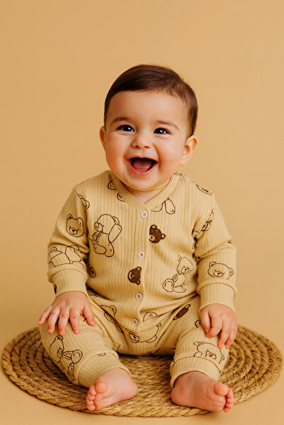 Vivolas Teddy Bear Patterned Crew Neck Corded Fabric 2-Piece Set Baby Sweatshirt and Pants