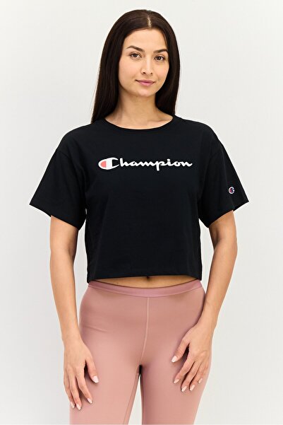 Champion بلوزة نسائية رياضية بأكمام قصيرة للخارج، باللون الأسود