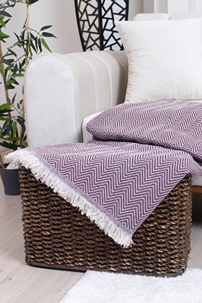 Valoroso Tekstil Pamuklu Zikzak Desenli Püsküllü Koltuk Örtüsü 170X210 cm | Dekoratif ve Çok Amaçlı