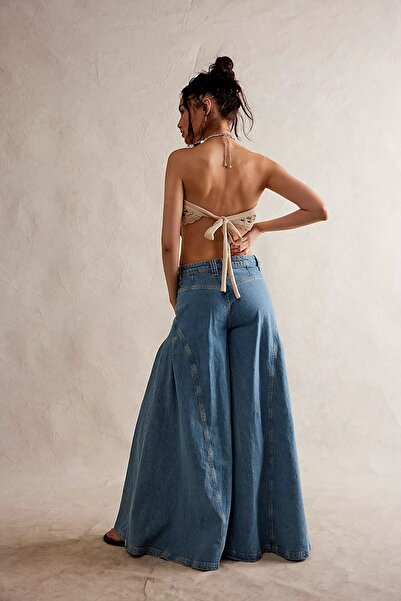 september island Classic Blue Color Exaggeration Spanish Wide Leg Denim Pants Skirt