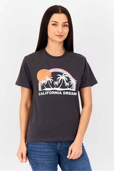 Reiko Women Crew Neck Graphic Print Short Sleeve T-Shirt, Brown