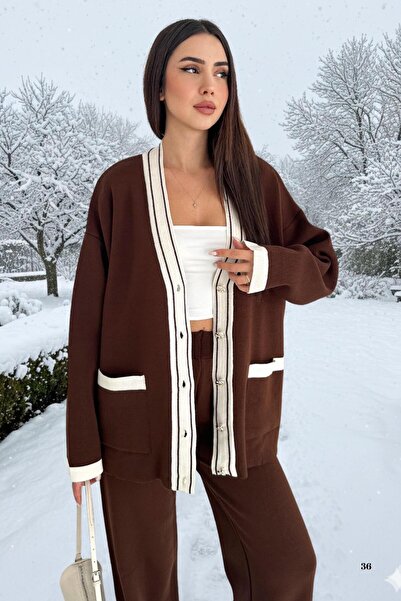 WOMAN VISION Women's Knitwear Double Set - Cardigan with 2 Front Metal Buttons and Wide Leg Pants Set Lap-002